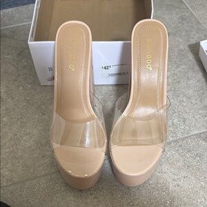 Bamboo Tan Heels with Clear Strap and Stiletto Design